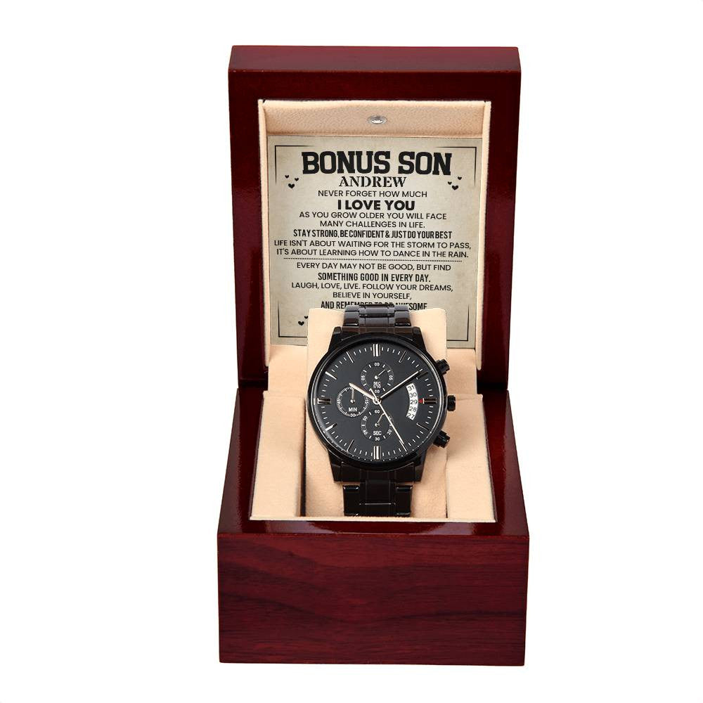 To Bonus Son | Personalize Name and Closing Text - Black Chronograph Watch + MC (NO ENGRAVING