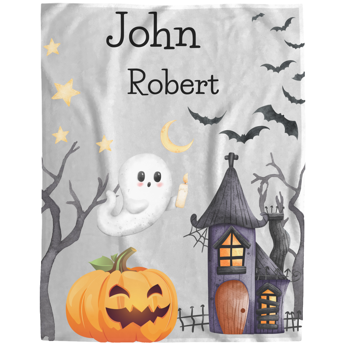 Personalized Name Halloween Cute Ghost Jack-o-Lantern Cozy Plush Fleece Blanket