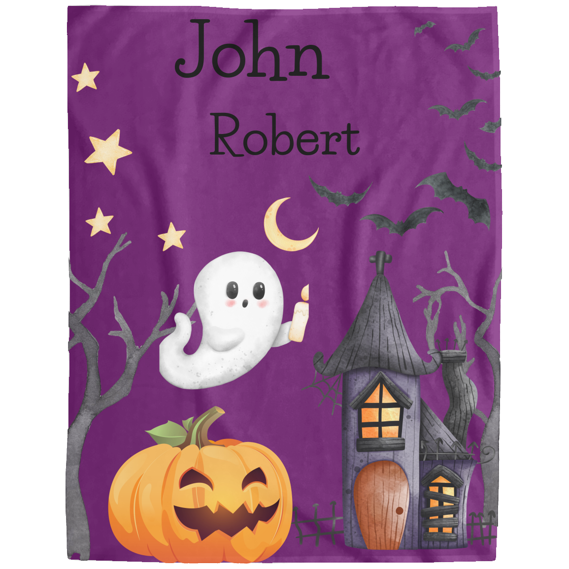 Personalized Name Halloween Cute Ghost Jack-o-Lantern Cozy Plush Fleece Blanket