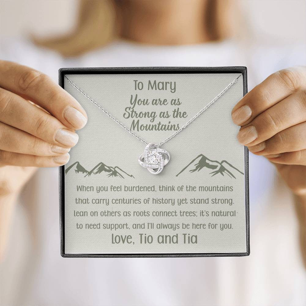 You Are as Strong as the Mountains | Personalized Gift Love Knot Necklace | Poem and Gift Box Included