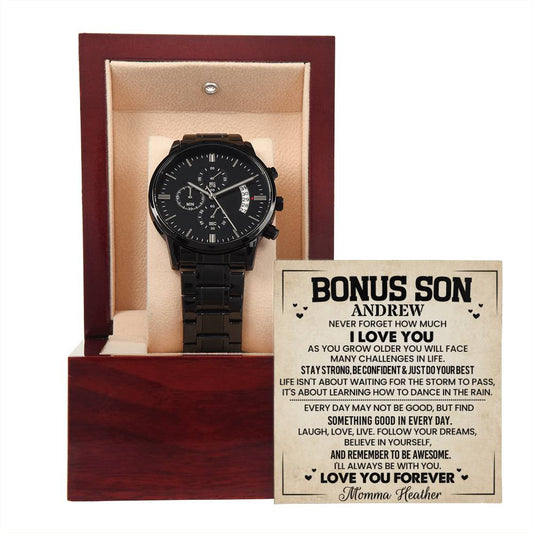 To Bonus Son | Personalize Name and Closing Text - Black Chronograph Watch + MC (NO ENGRAVING