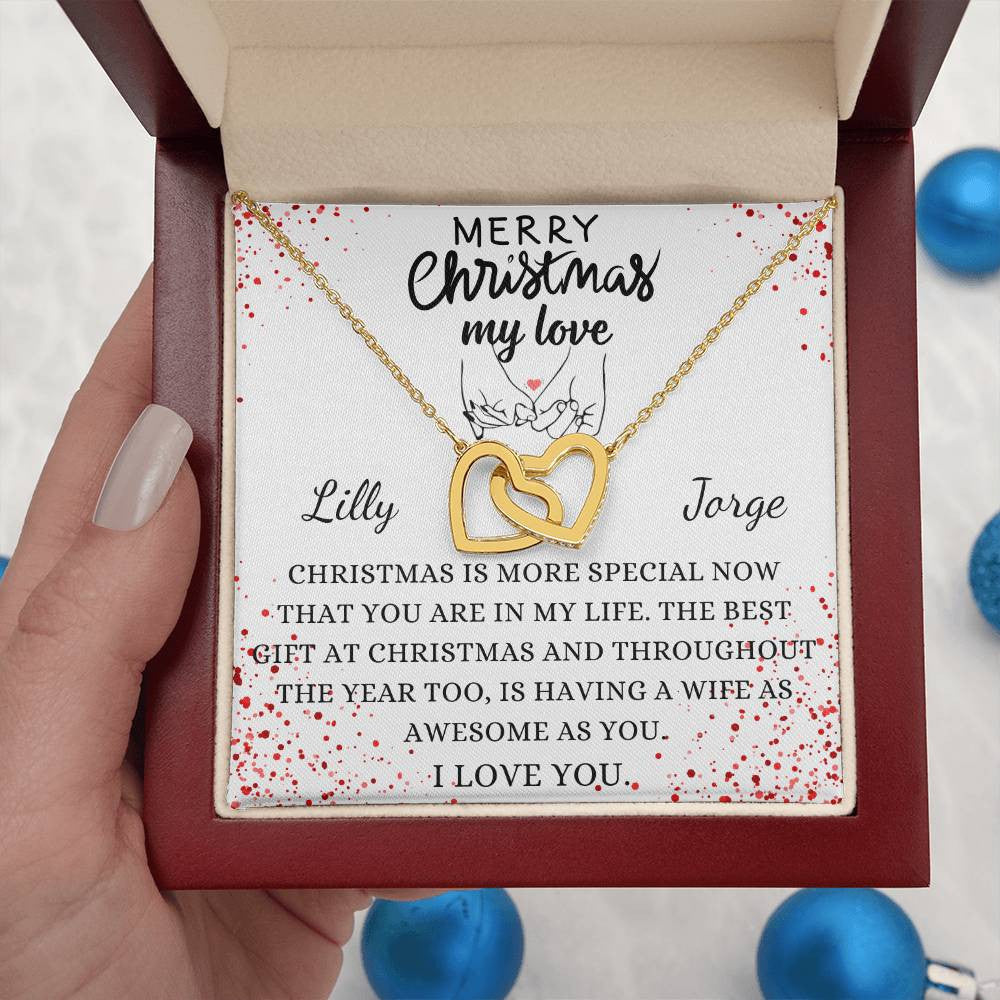 PERSONALIZED COUPLE CHRISTMAS GIFT MESSAGE AND NECKLACE | Interlocking Hearts Necklace (Yellow & White Gold Variants)