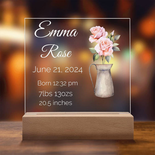 Personalized Birth Announcement with Personalized Birth Flower | LED Nightlight Acrylic Square Plaque