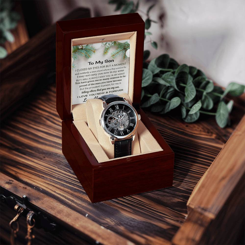 Personalized Message to a Son | Son-in-Law | Bonus Son | Stepson | Christmas Gift Men's Openwork Watch