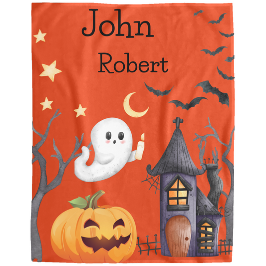 Personalized Name Halloween Cute Ghost Jack-o-Lantern Cozy Plush Fleece Blanket