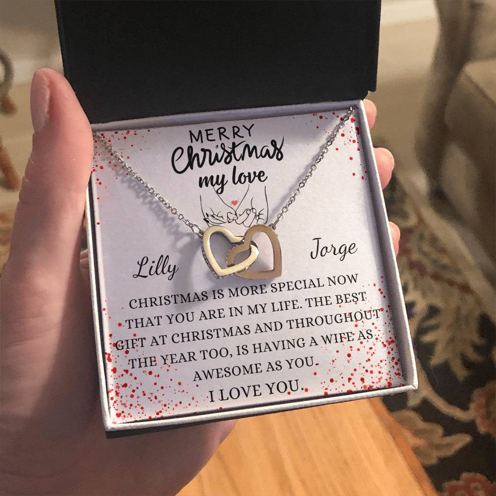 PERSONALIZED COUPLE CHRISTMAS GIFT MESSAGE AND NECKLACE | Interlocking Hearts Necklace (Yellow & White Gold Variants)