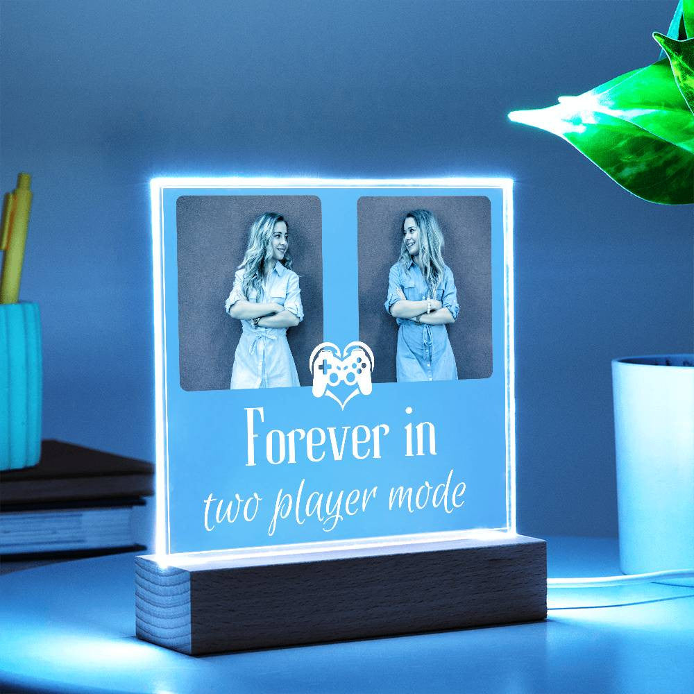 "Forever in 2-Player Mode" Gamer Couple Sibling Twin Pair LED Acrylic Square Plaque