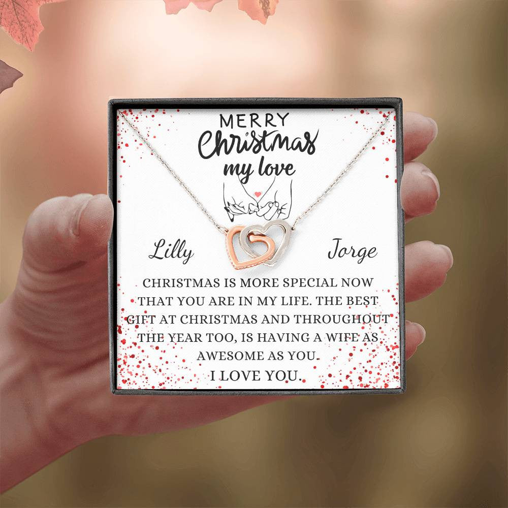 PERSONALIZED COUPLE CHRISTMAS GIFT MESSAGE AND NECKLACE | Interlocking Hearts Necklace (Yellow & White Gold Variants)