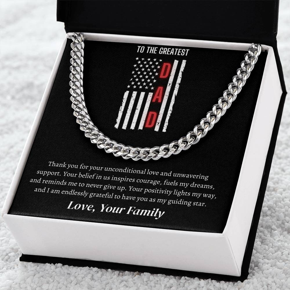 Personalized DAD Cuban Link Chain Message Card Necklace Gift American Flag Red Stripe Support Firefighters.