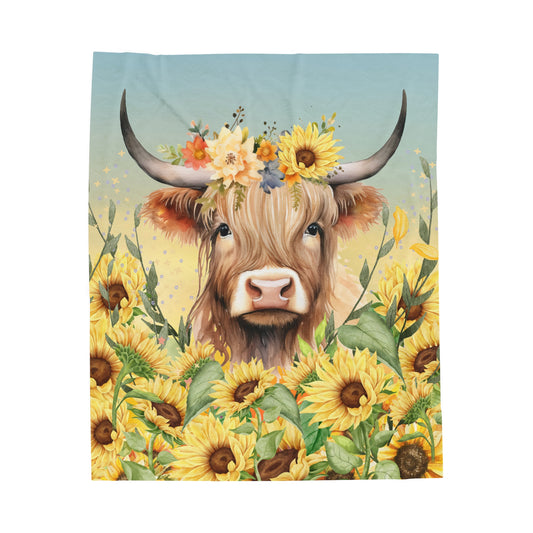 Highland Cow Sunflower Garden Velveteen Plush Blanket