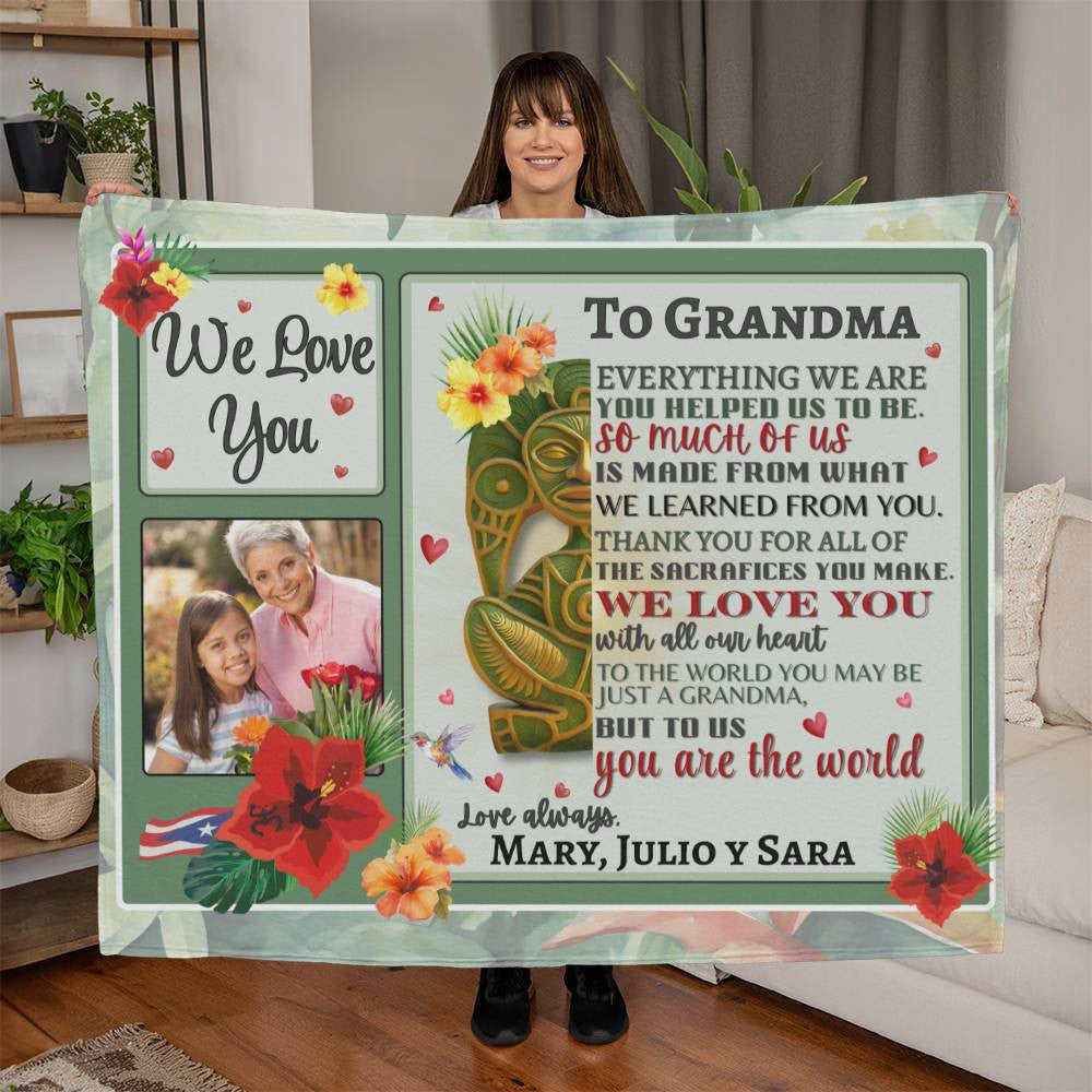 Personalized Puerto Rican Heritage Photo Blanket – Loving Message for Mom or Grandma | Atabey Taino Tropical Fleece Blanket 60" x 50"