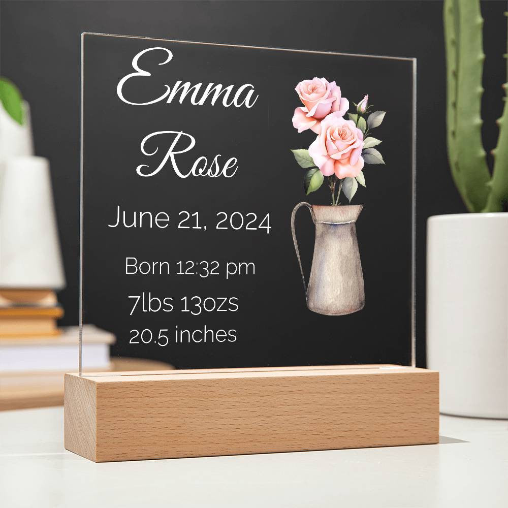 Personalized Birth Announcement with Personalized Birth Flower | LED Nightlight Acrylic Square Plaque