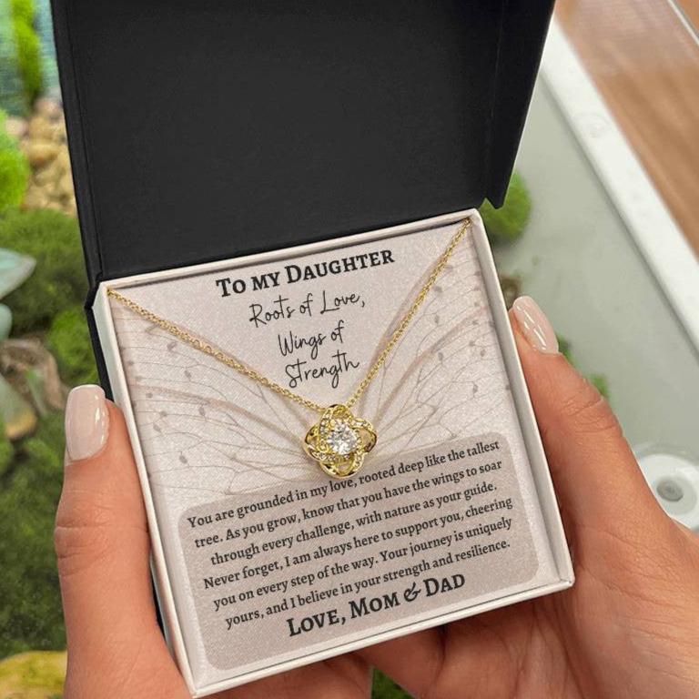 Free Personalization of Message Card with Treasured Love Knot Necklace | A Timeless Symbol of Connection | Roots of Love, Wings of Strength