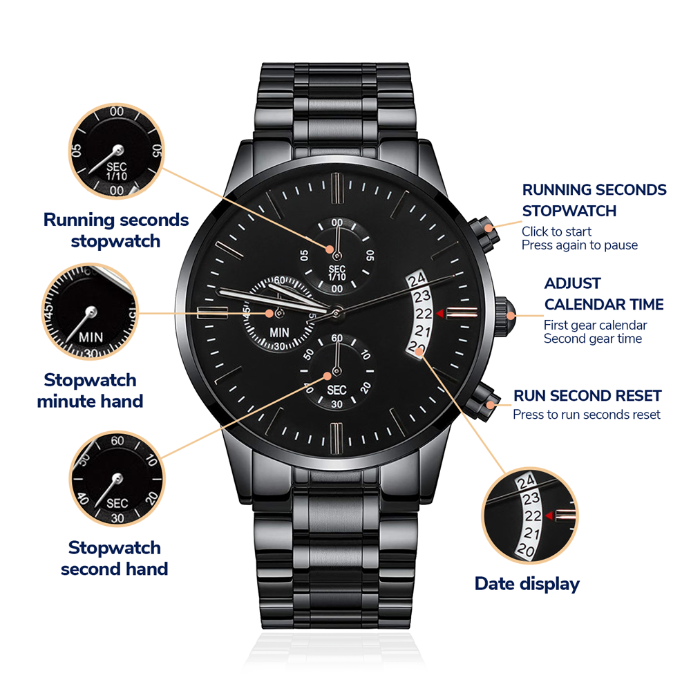 A Timeless Gift for Your Son: The Engraved Design Black Chronograph Watch