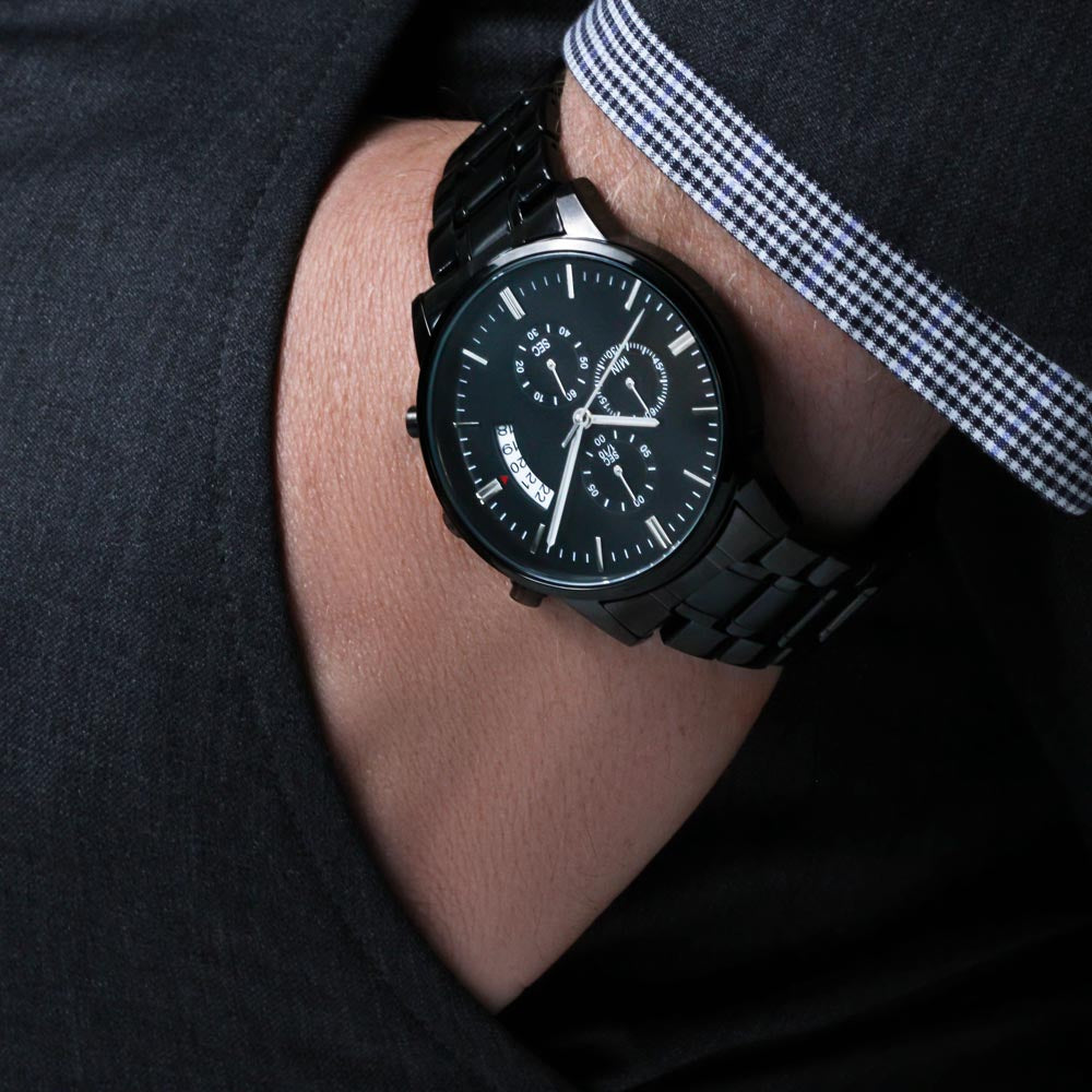 A Timeless Gift for Your Son: The Engraved Design Black Chronograph Watch