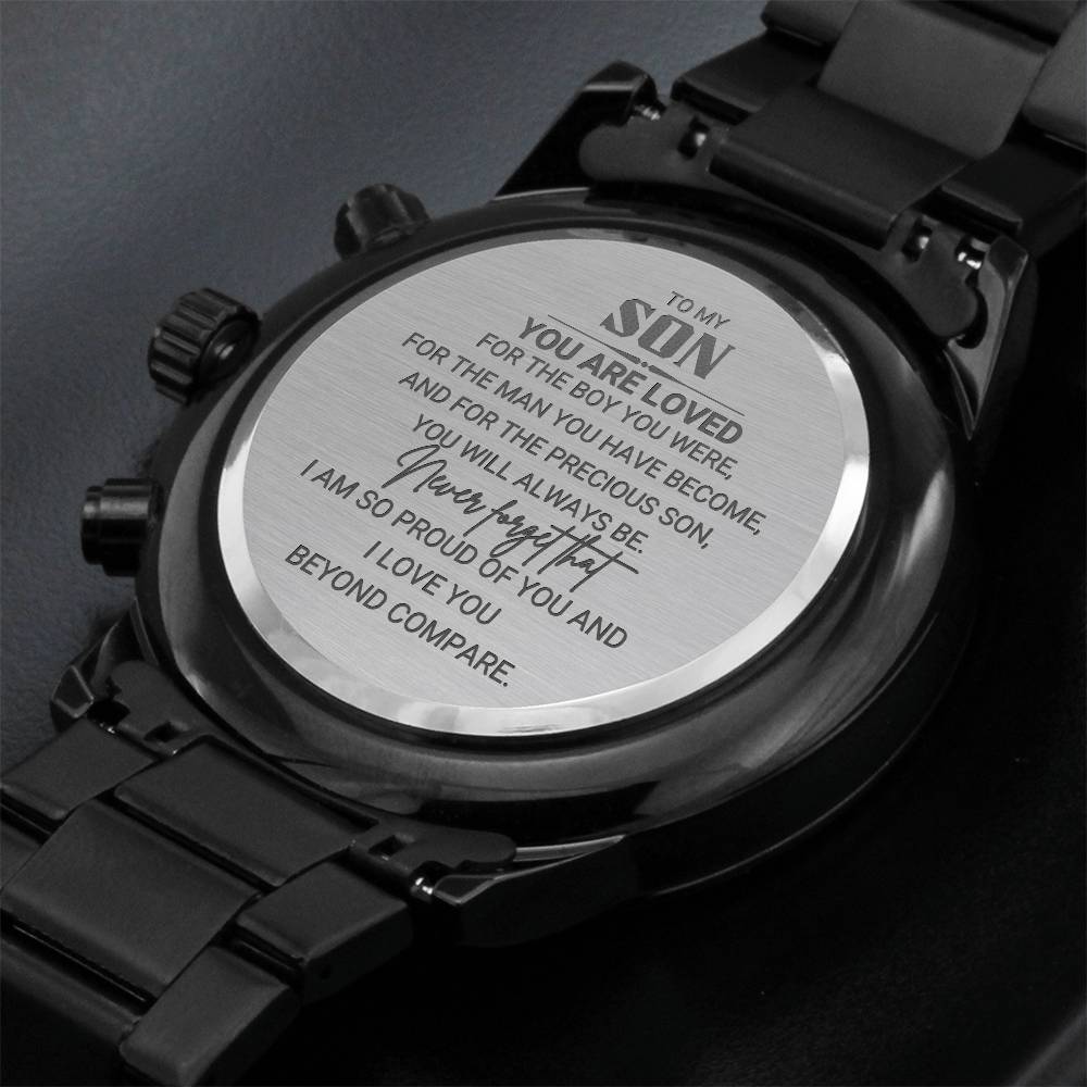 A Timeless Gift for Your Son: The Engraved Design Black Chronograph Watch