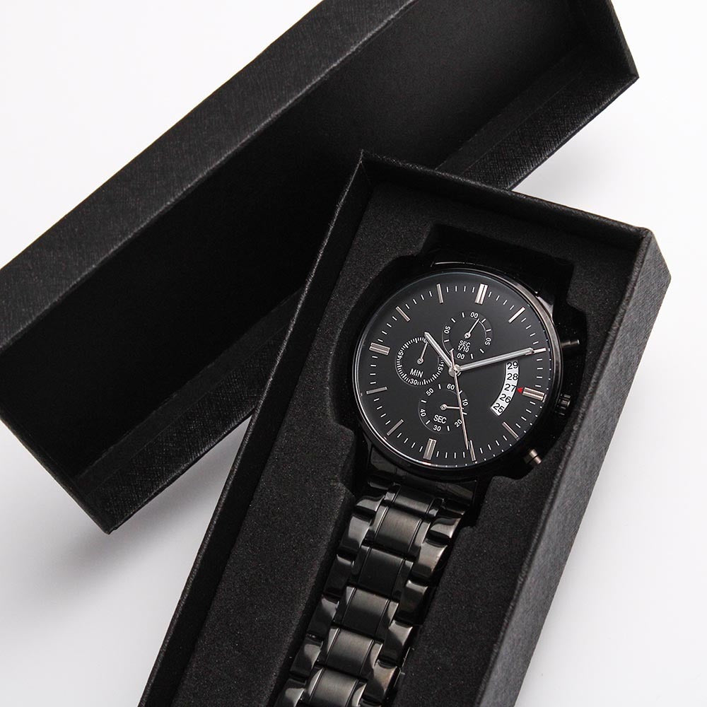 A Timeless Gift for Your Son: The Engraved Design Black Chronograph Watch