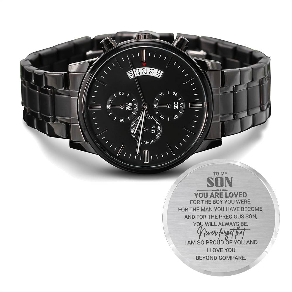 A Timeless Gift for Your Son: The Engraved Design Black Chronograph Watch