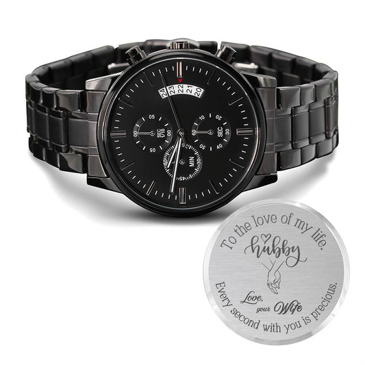 To Hubby From Wife | Engraved Message | Black Chronograph Watch Gift