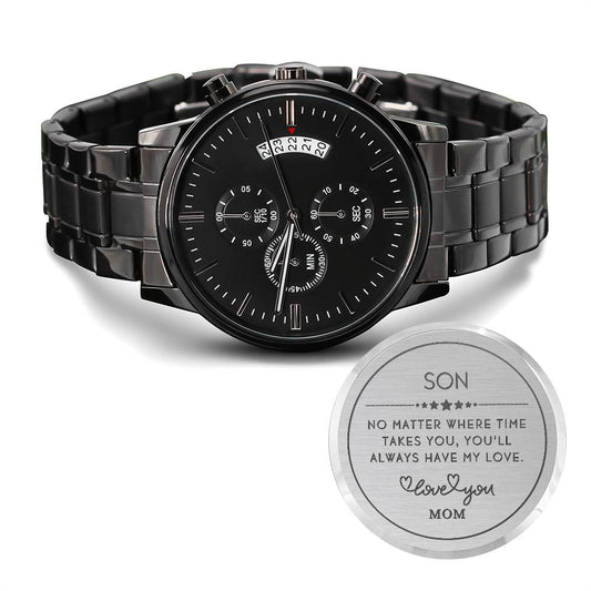 To Son Love Mom | Engraved Message | Black Chronograph Watch Gift