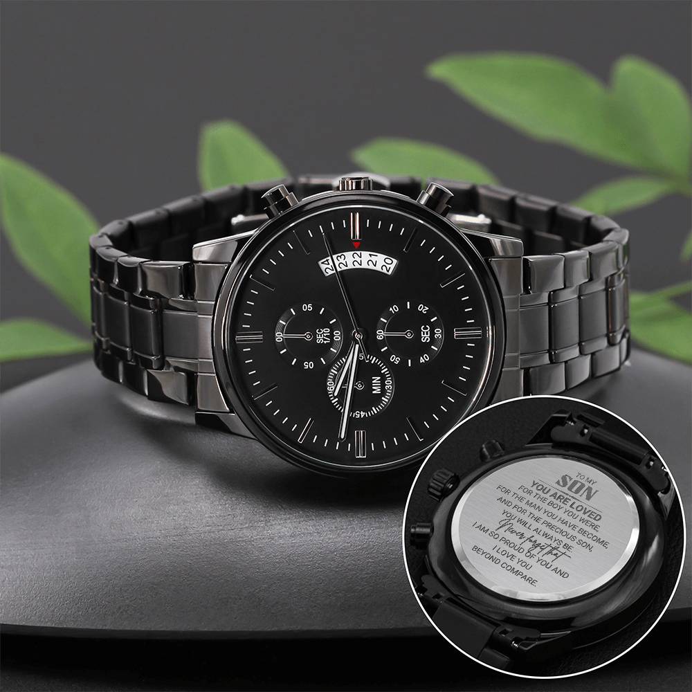 A Timeless Gift for Your Son: The Engraved Design Black Chronograph Watch