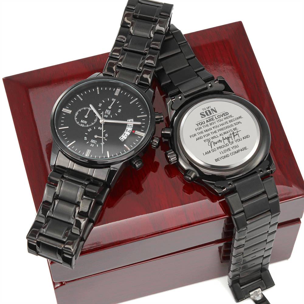 A Timeless Gift for Your Son: The Engraved Design Black Chronograph Watch