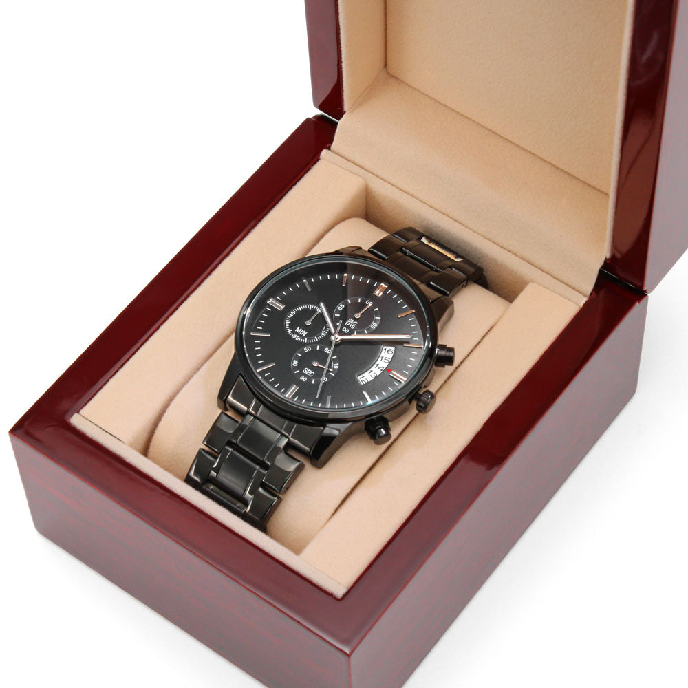 A Timeless Gift for Your Son: The Engraved Design Black Chronograph Watch