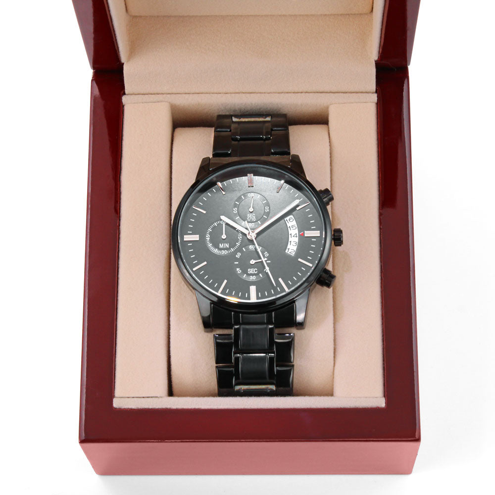 A Timeless Gift for Your Son: The Engraved Design Black Chronograph Watch