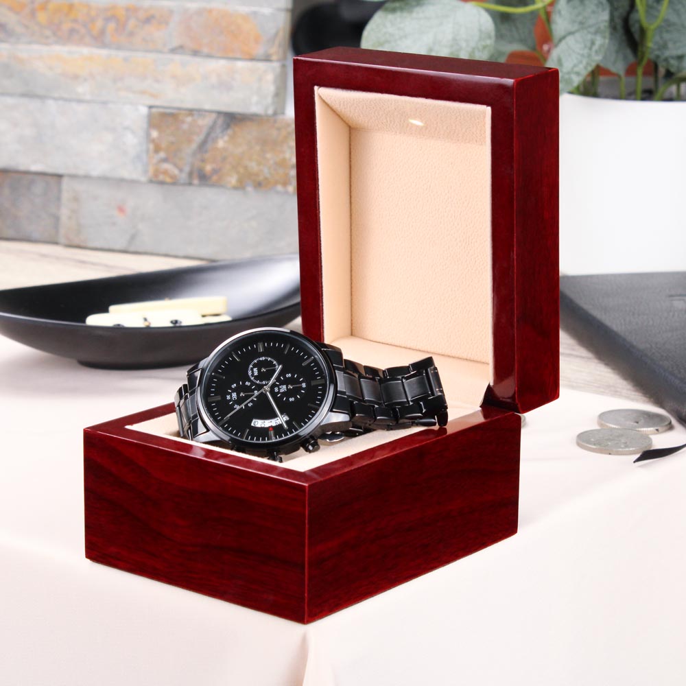 A Timeless Gift for Your Son: The Engraved Design Black Chronograph Watch