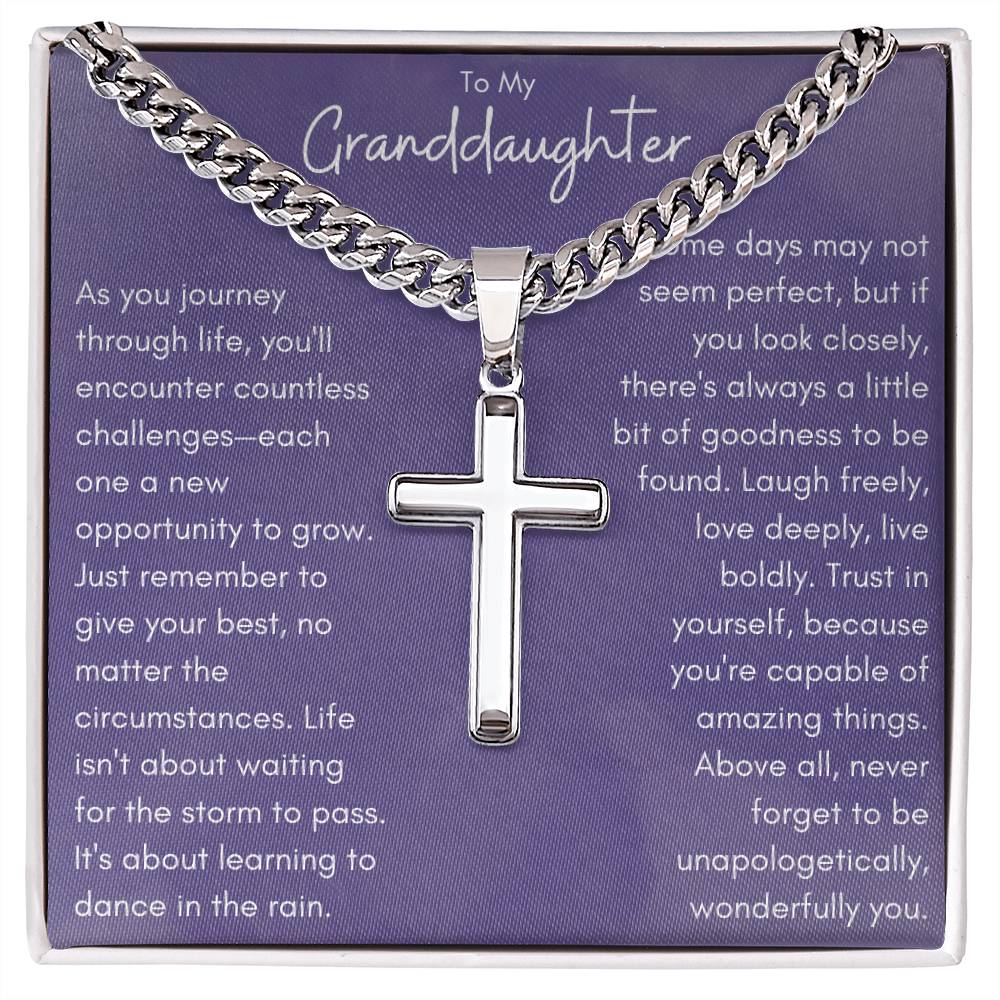 To Granddaughter Engraved Cross & Cuban Link Necklace