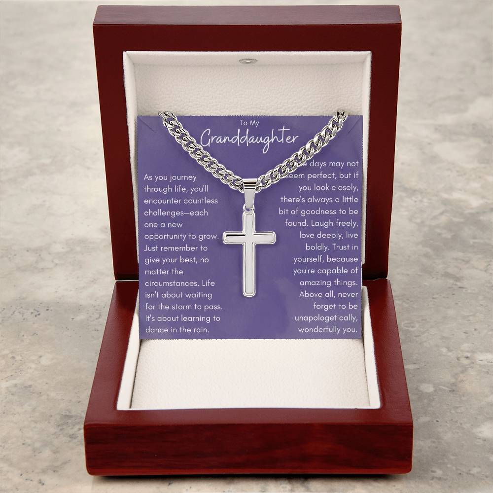 To Granddaughter Engraved Cross & Cuban Link Necklace