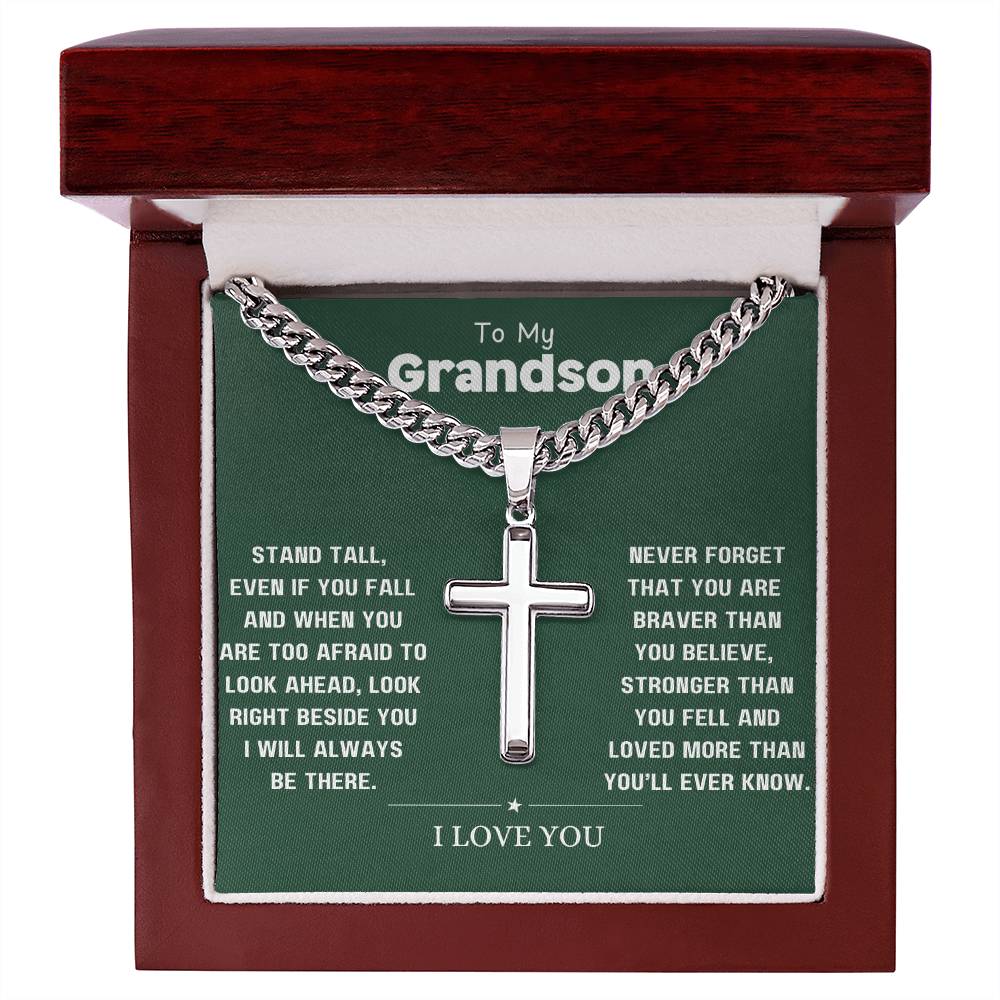 To my Grandson | Love you | Support and Encouragement | Words of Wisdon | Artisan Cross Necklace on Cuban Chain w/ MC