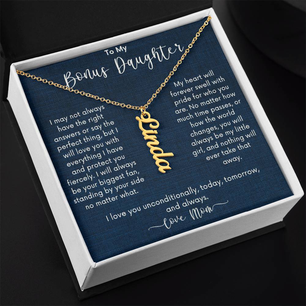 💖Gift for Christmas, Anniversary, or Birthday 💖Vertical Name Necklace | To Bonus Daughter From Mom