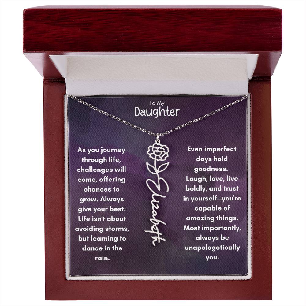 To My Daughter - Flower Vertical Name Necklace | Personalize with Birth Flower