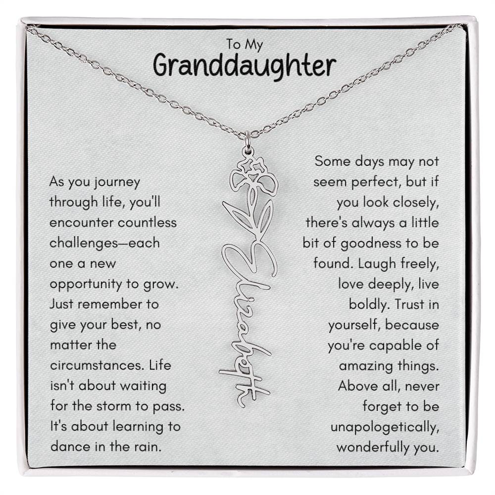 To My Granddaughter - Flower Vertical Name Necklace | Personalize with Birth Flower