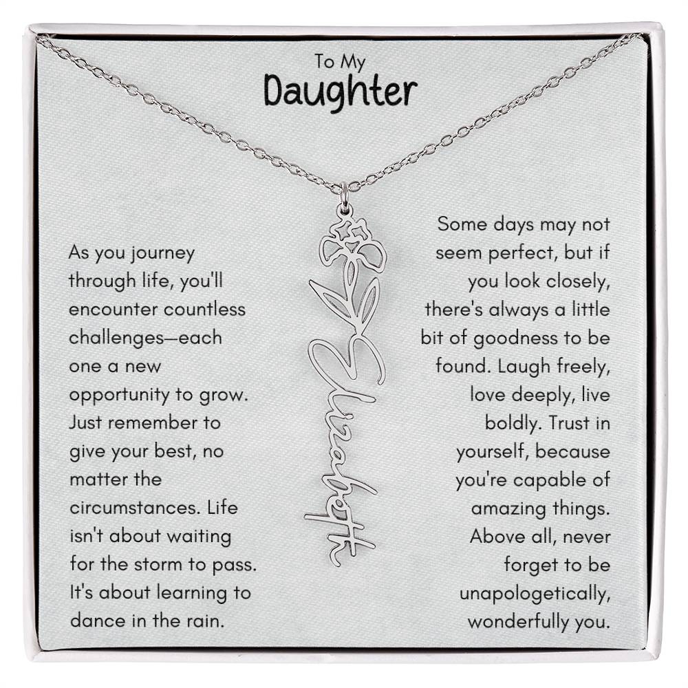 To My Daughter - Flower Vertical Name Necklace | Personalize with Birth Flower