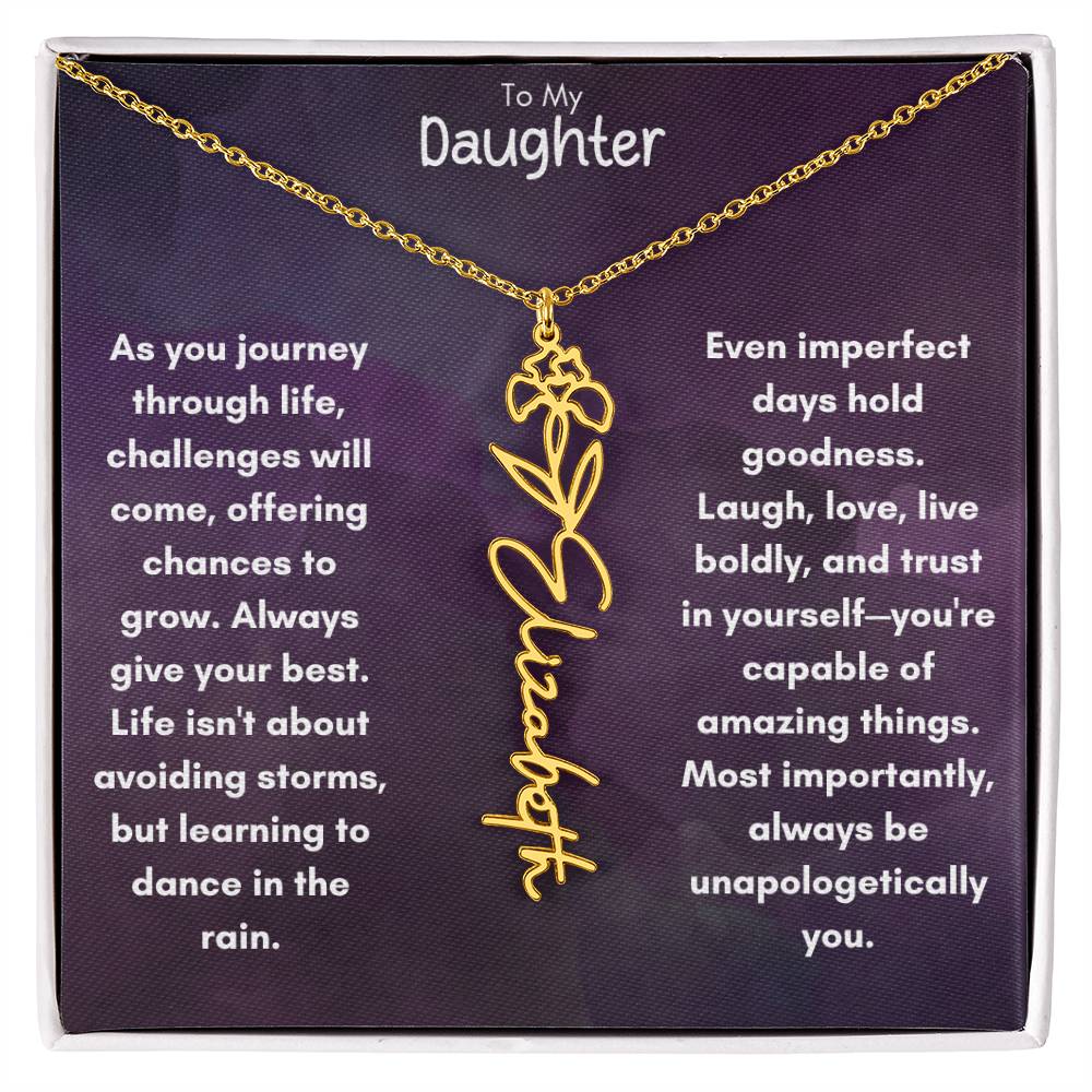 To My Daughter - Flower Vertical Name Necklace | Personalize with Birth Flower