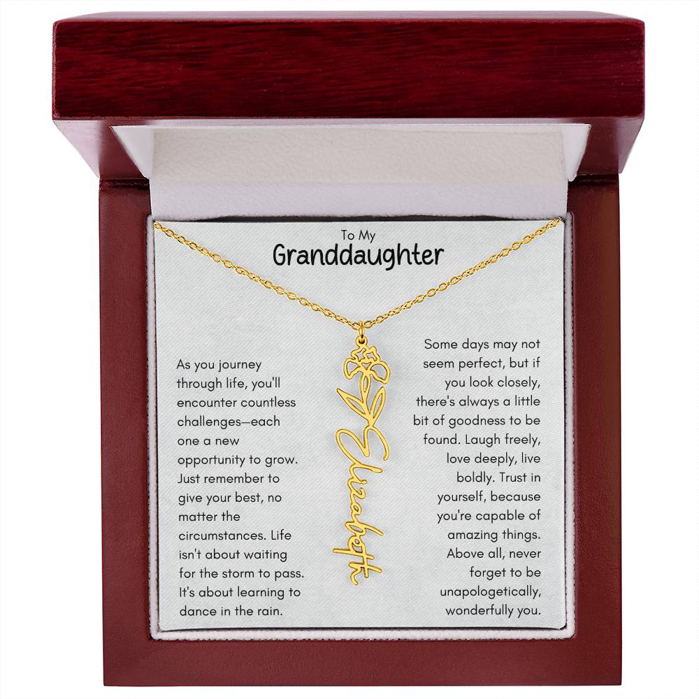 To My Granddaughter - Flower Vertical Name Necklace | Personalize with Birth Flower