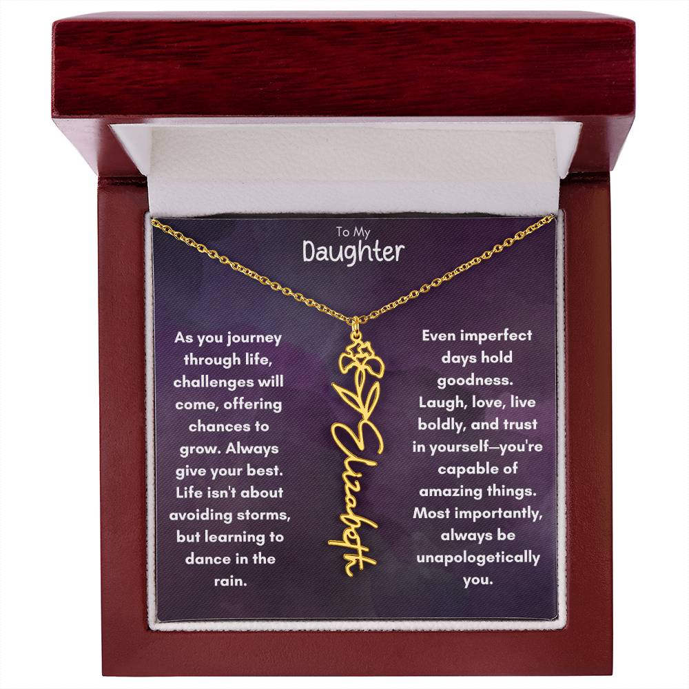 To My Daughter - Flower Vertical Name Necklace | Personalize with Birth Flower