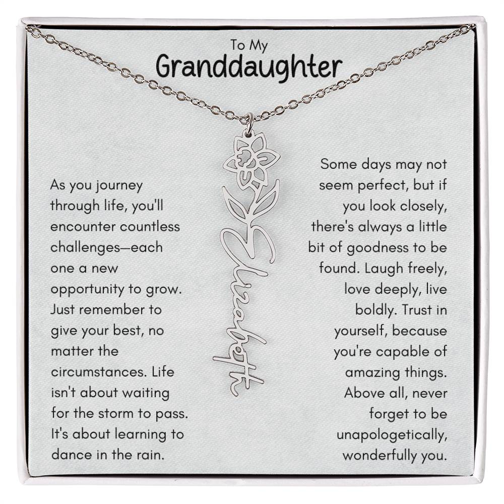 To My Granddaughter - Flower Vertical Name Necklace | Personalize with Birth Flower