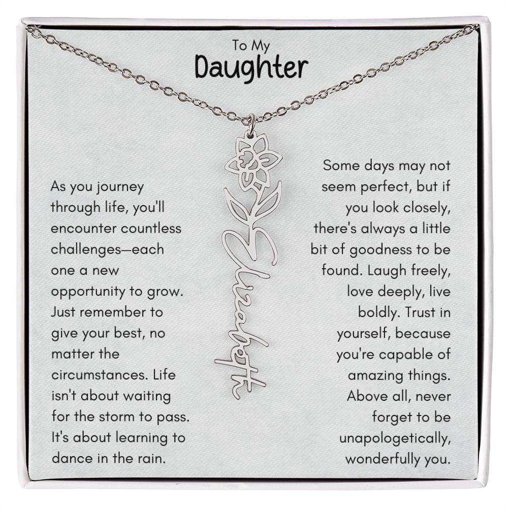 To My Daughter - Flower Vertical Name Necklace | Personalize with Birth Flower