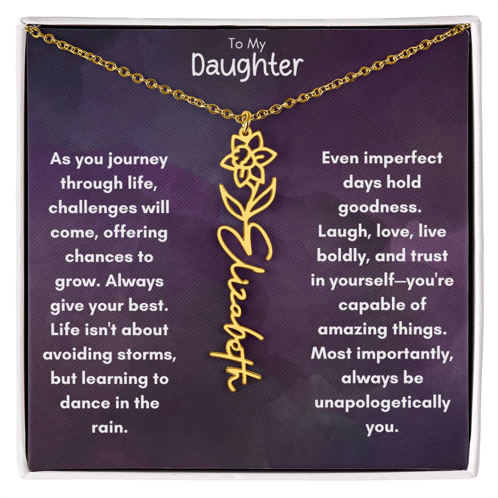 To My Daughter - Flower Vertical Name Necklace | Personalize with Birth Flower