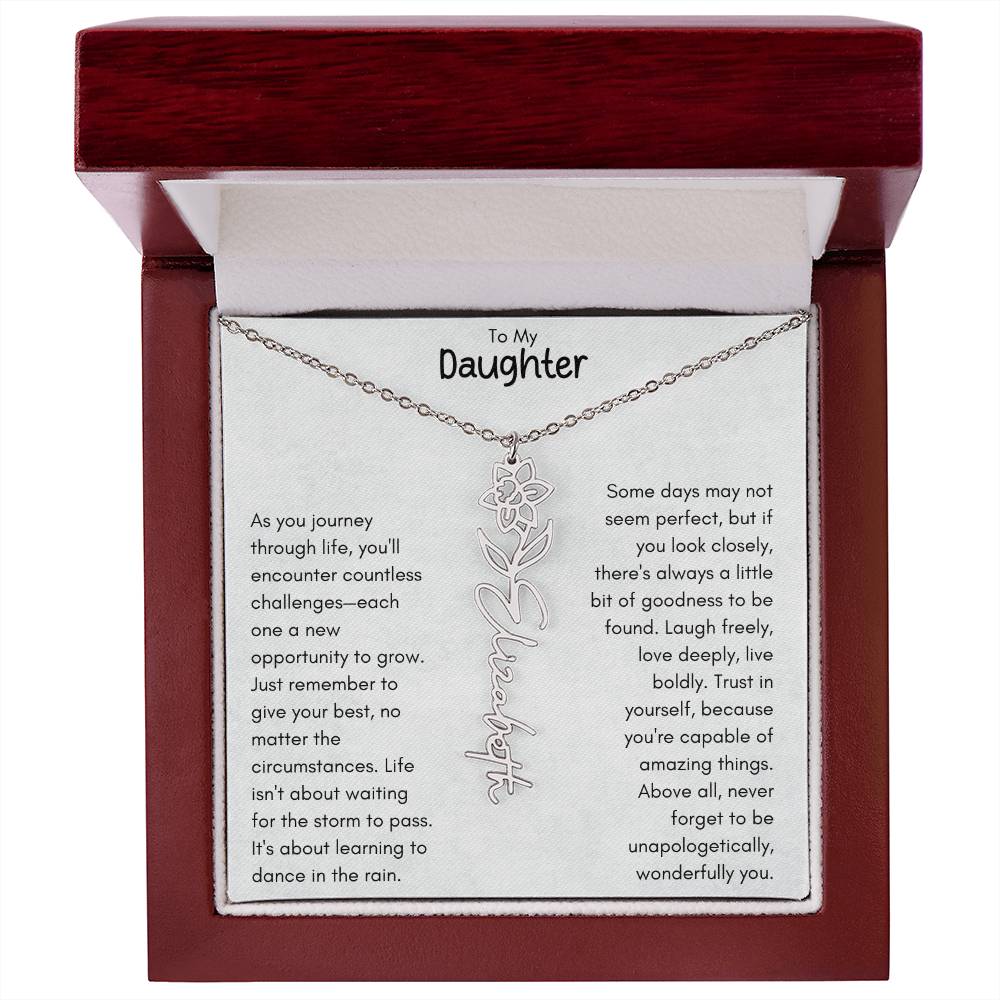 To My Daughter - Flower Vertical Name Necklace | Personalize with Birth Flower