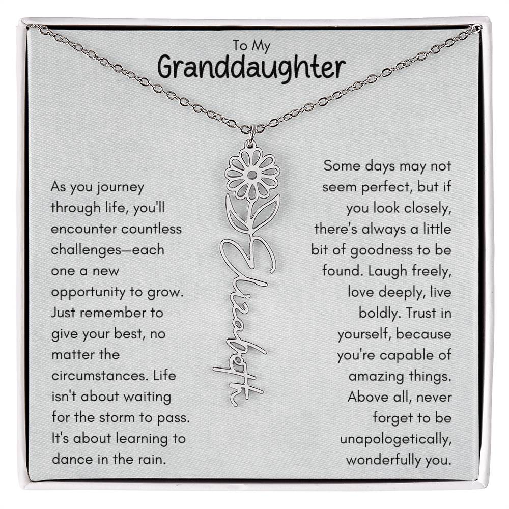 To My Granddaughter - Flower Vertical Name Necklace | Personalize with Birth Flower