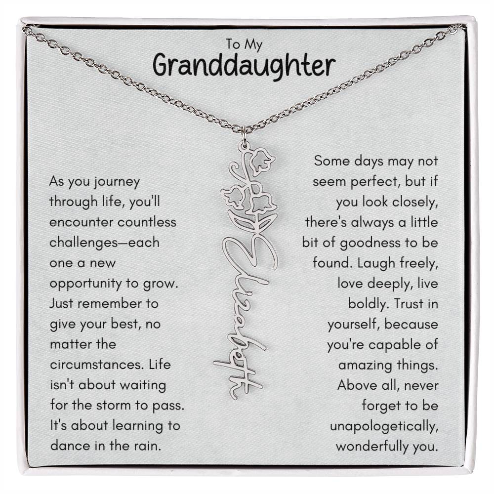 To My Granddaughter - Flower Vertical Name Necklace | Personalize with Birth Flower