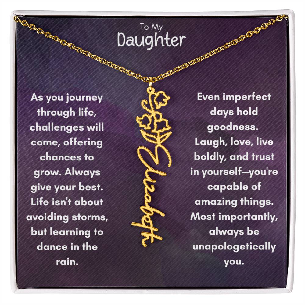 To My Daughter - Flower Vertical Name Necklace | Personalize with Birth Flower