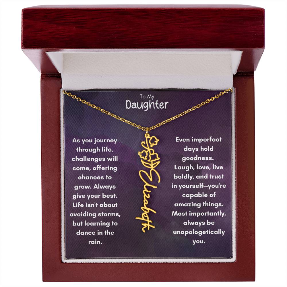 To My Daughter - Flower Vertical Name Necklace | Personalize with Birth Flower