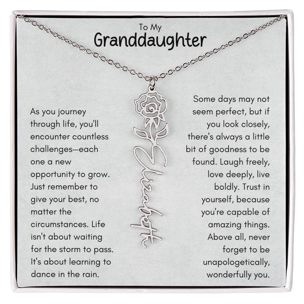 To My Granddaughter - Flower Vertical Name Necklace | Personalize with Birth Flower