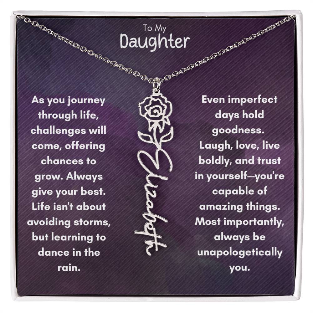 To My Daughter - Flower Vertical Name Necklace | Personalize with Birth Flower