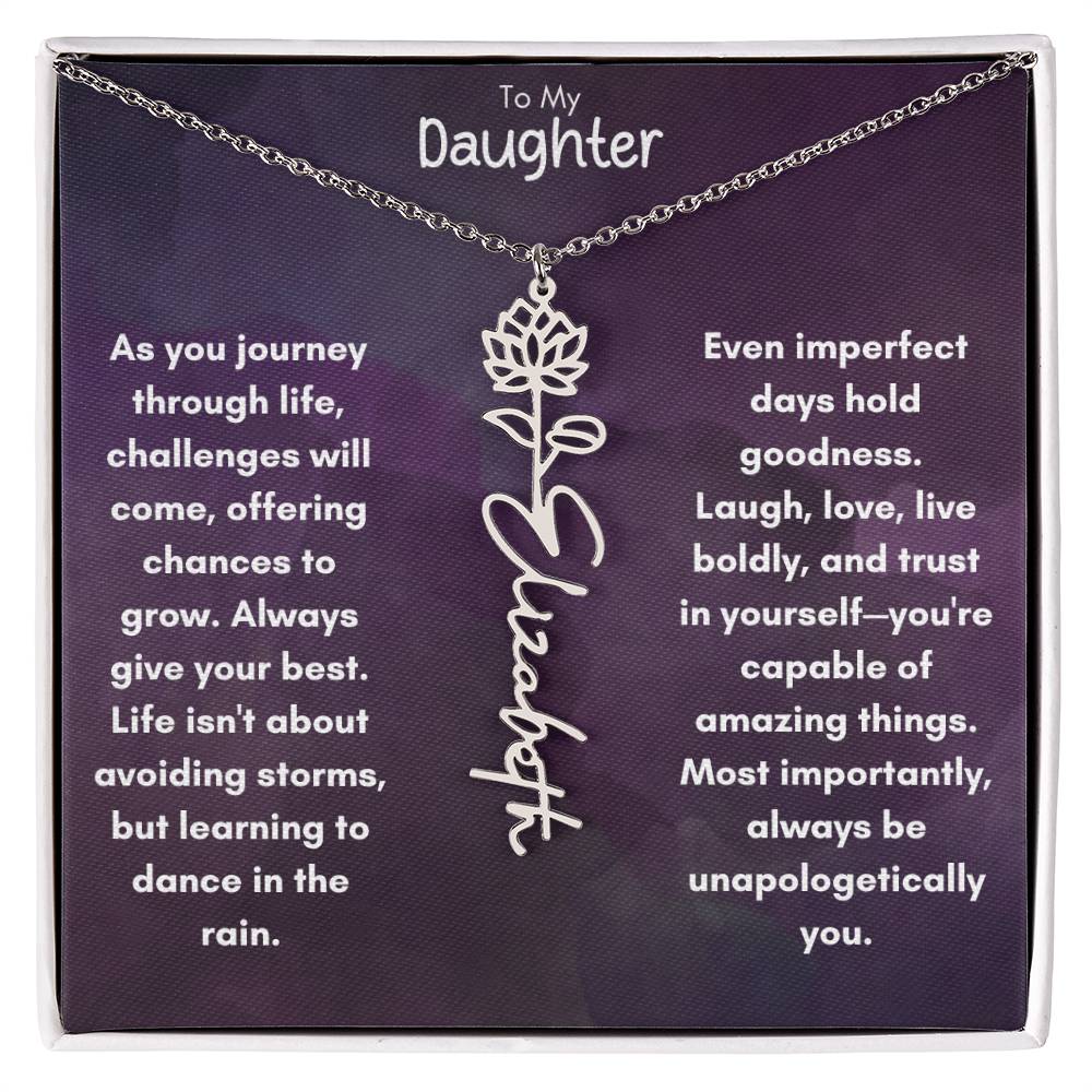 To My Daughter - Flower Vertical Name Necklace | Personalize with Birth Flower